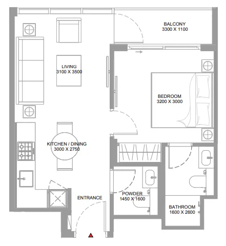 Canalside Marina Residences 1 bed floor plan, 509 – 514 sqft
