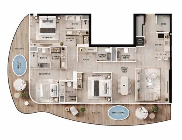 Agua Residences 3 bed floor plan, 1,786 sqft