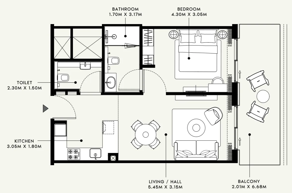 Azizi Venice 1 bed floor plan, 736 sqft