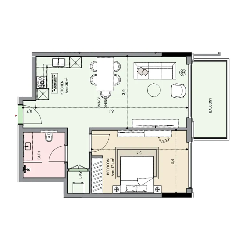 Edgewater Residences 1, 2 and 3 1 bed floor plan, 794 – 795 sqft