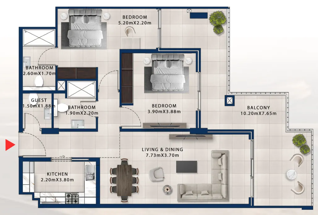 Asayel Avenue 2 bed floor plan, 1,405 sqft