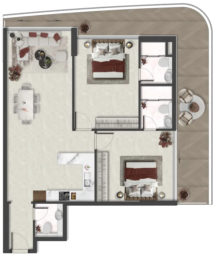 Aquino 2 bed floor plan, 1,257 sqft