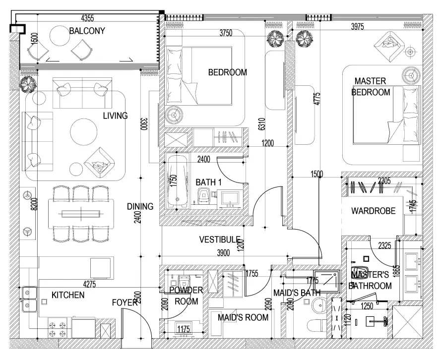 Naseem Al Jurf 2 bed floor plan, 1,281 sqft