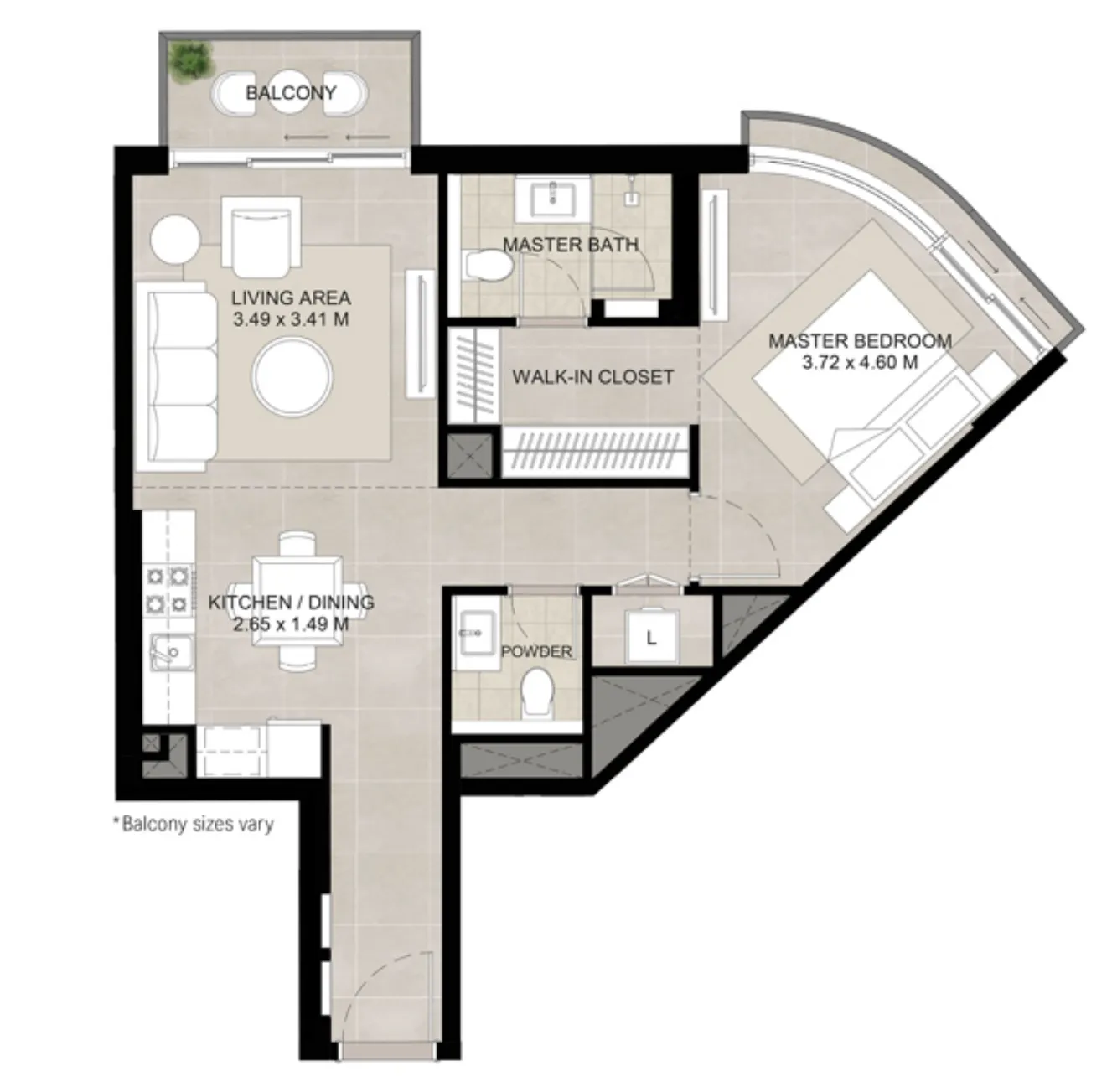 The Baltimore 1 bed floor plan, 718 sqft
