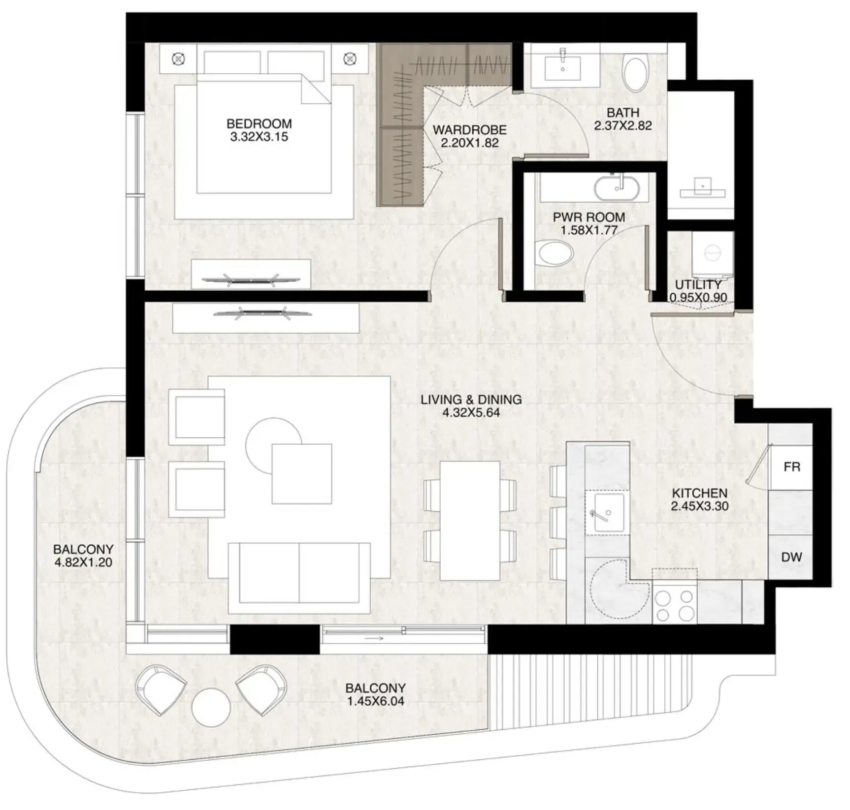 The Strand Lunara 1 bed floor plan, 870 sqft