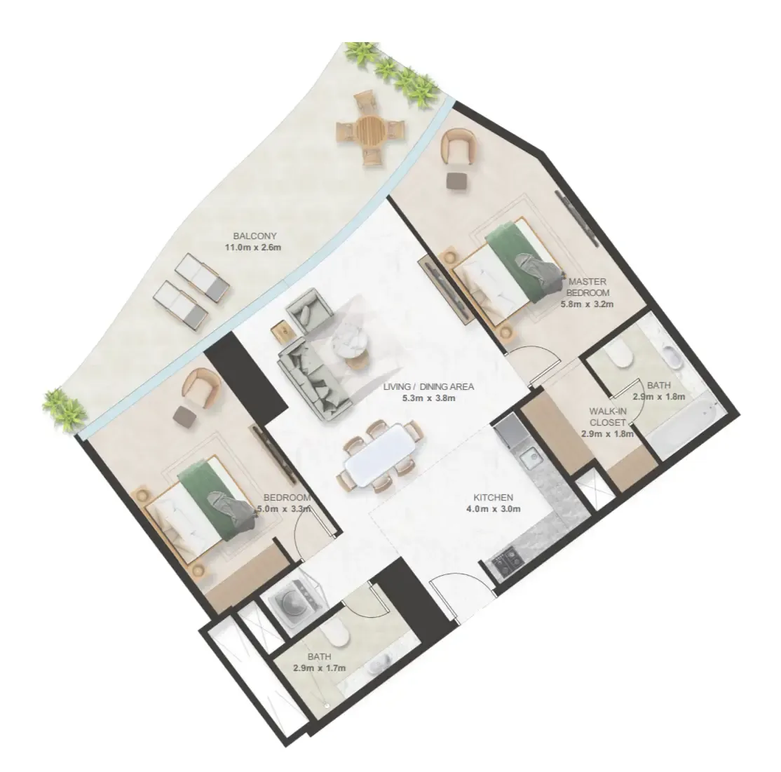 Oystra 2 bed floor plan, 1,348 sqft