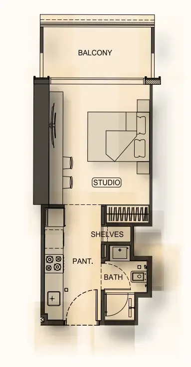 Binghatti Hillside Studio floor plan, 359 – 394 sqft