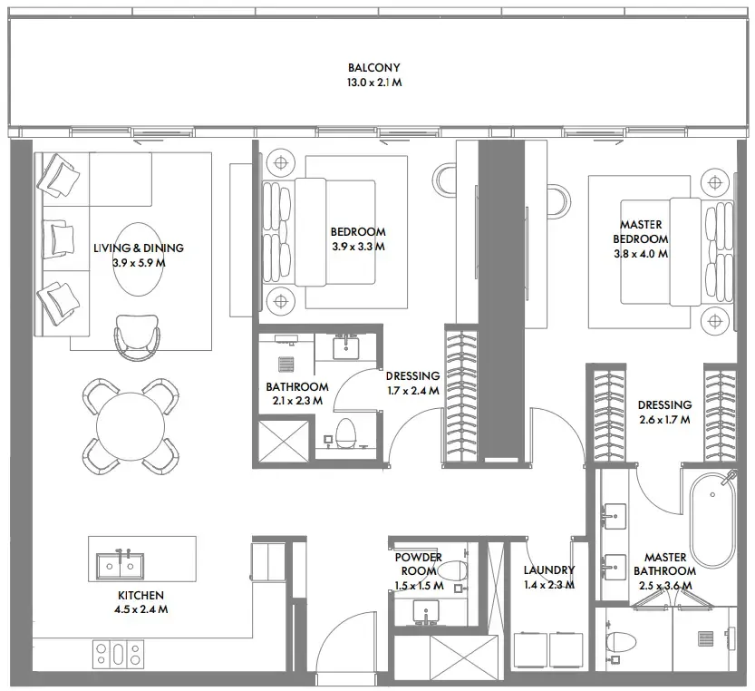 W The Residences by Arada 2 bed floor plan, 1,599 sqft