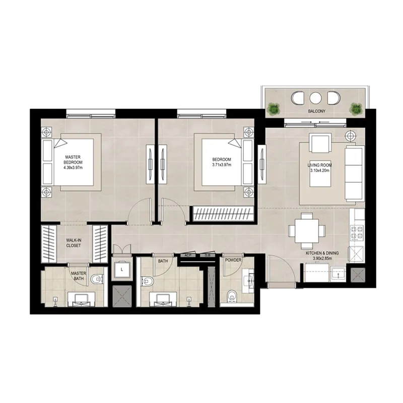 Olbia 2 bed floor plan, 1,021 sqft