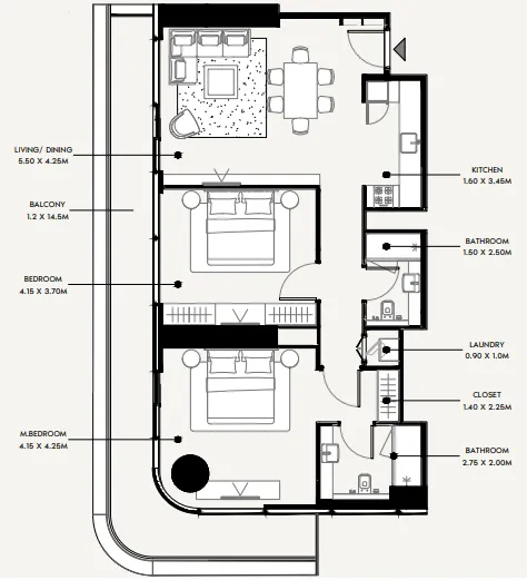 Azizi Milan 2 bed floor plan, 1,249 sqft