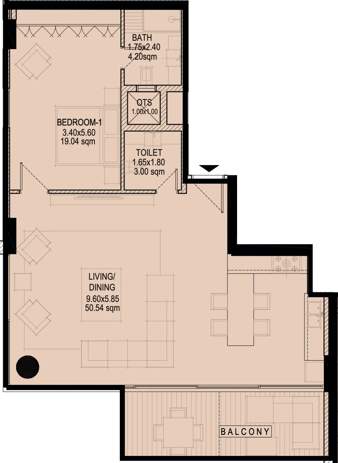 Glam Residence 1 bed floor plan, 1,042 sqft