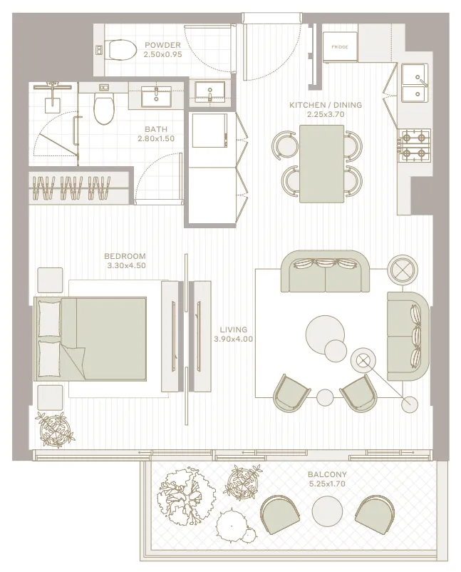 Park Five 1 bed floor plan, 735 sqft
