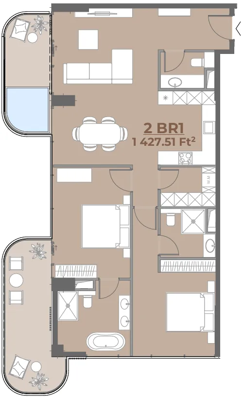 House of WELL 2 bed floor plan, 1,428 sqft