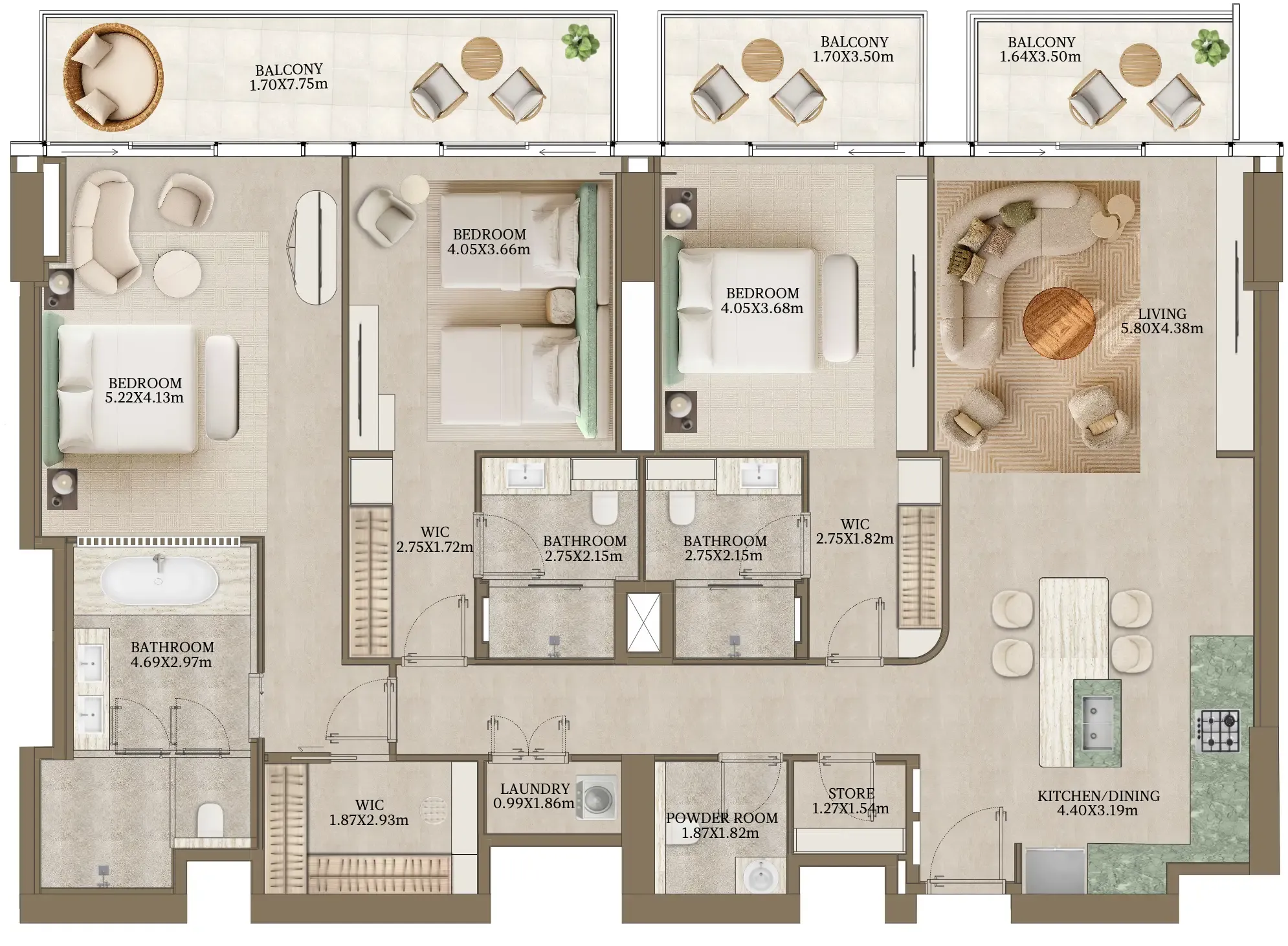 Nasim Al Bahr Residences 3 bed floor plan, 2,072 sqft