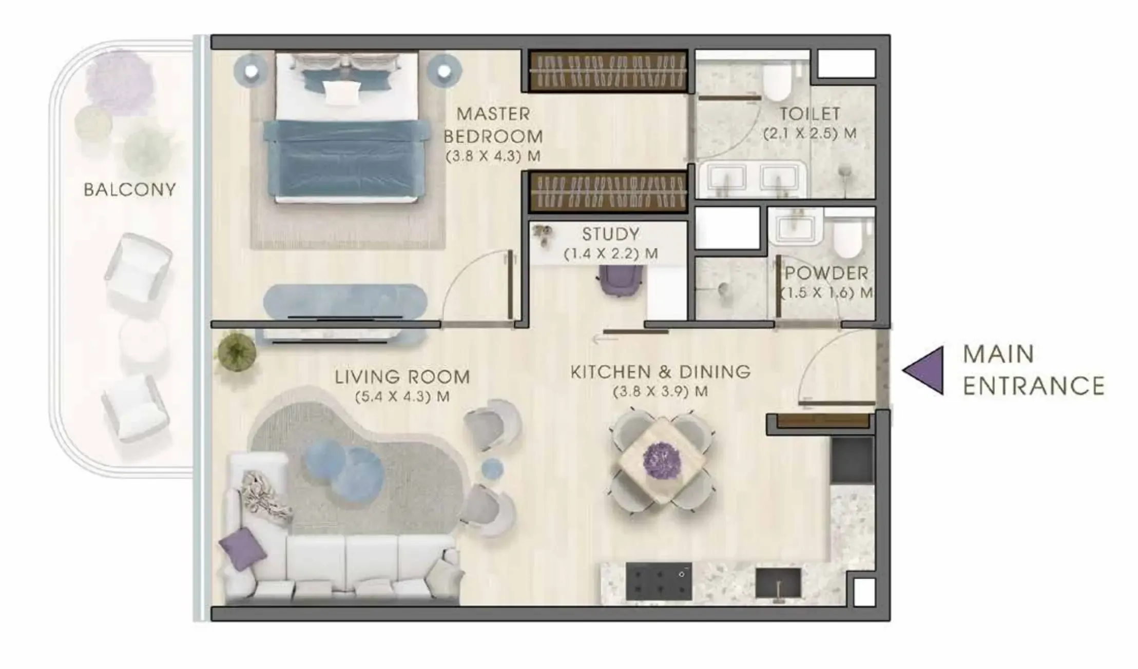Kaia Residences 1 bed floor plan, 920 sqft