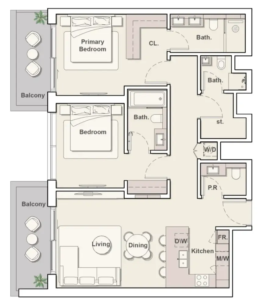 Playa Del Sol 2 bed floor plan, 1,264 sqft