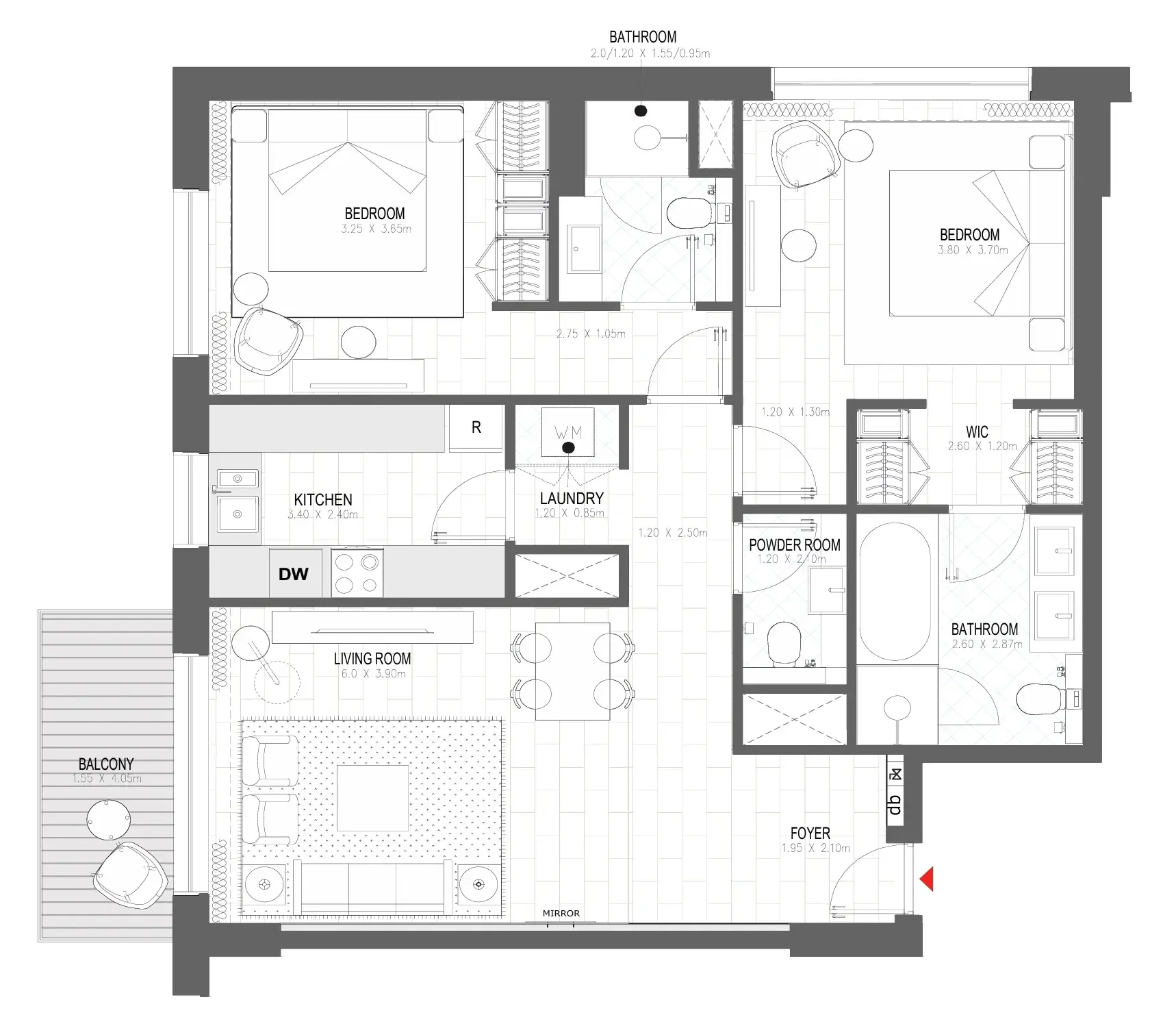 Palace Residences Al Mamsha 2 bed floor plan, 1,194 sqft