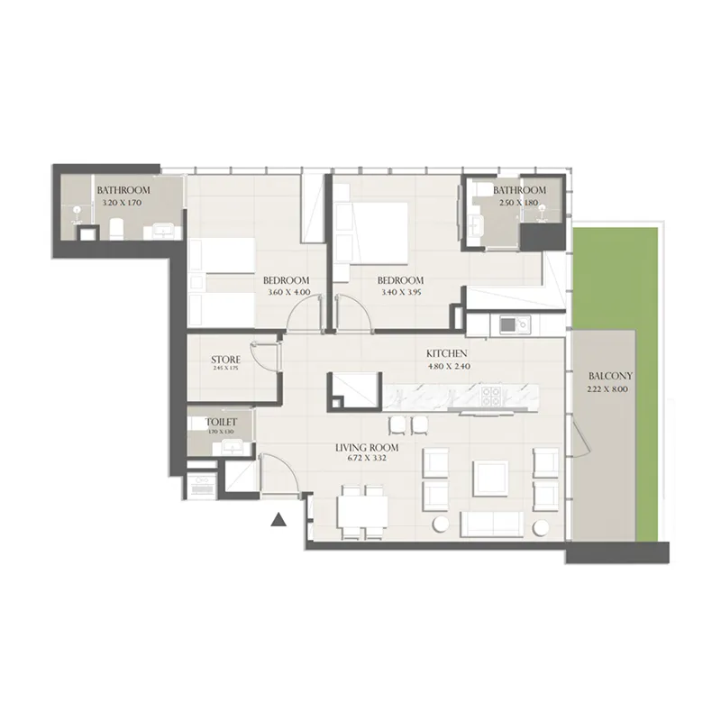 Sapphire 32 2 bed floor plan, 1,277 sqft