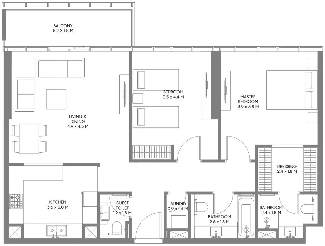 The Gate 6 2 bed floor plan, 1,149 – 1,226 sqft