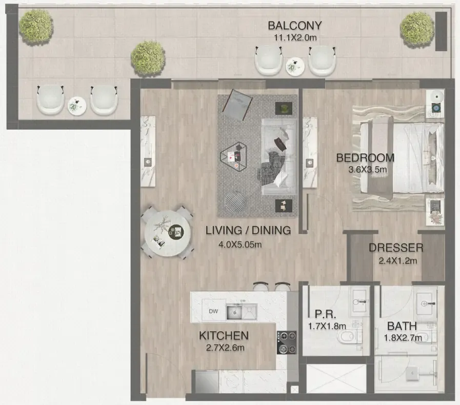 One by Nine 1 bed floor plan, 936 sqft