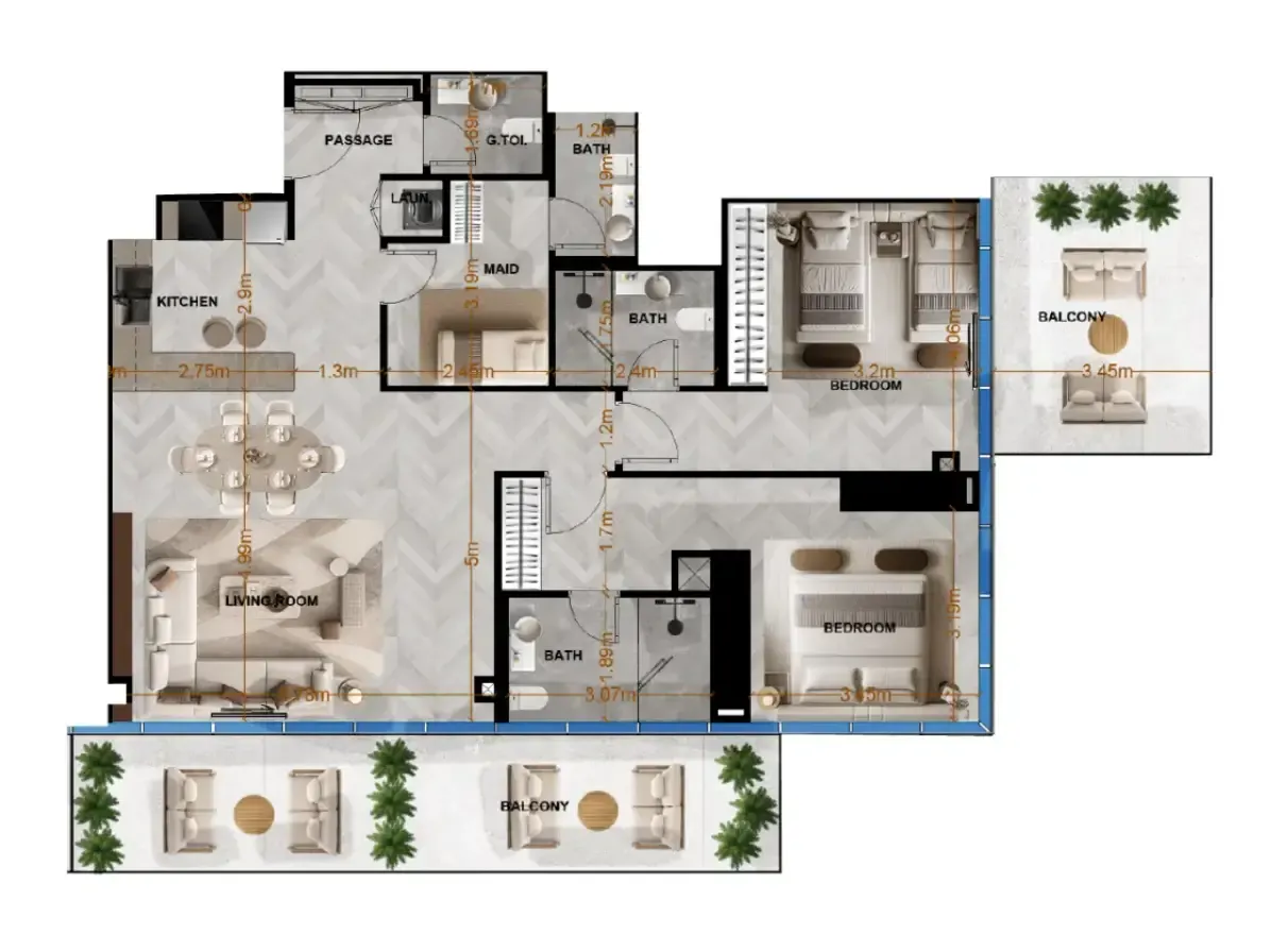 Radiant Terrace 2 bed floor plan, 1,603 – 1,624 sqft