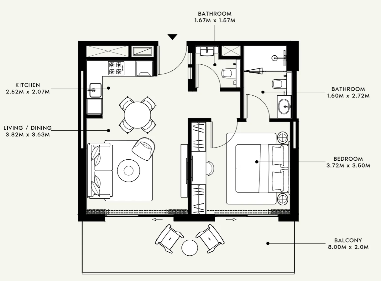 Azizi Venice 1 bed floor plan, 724 sqft