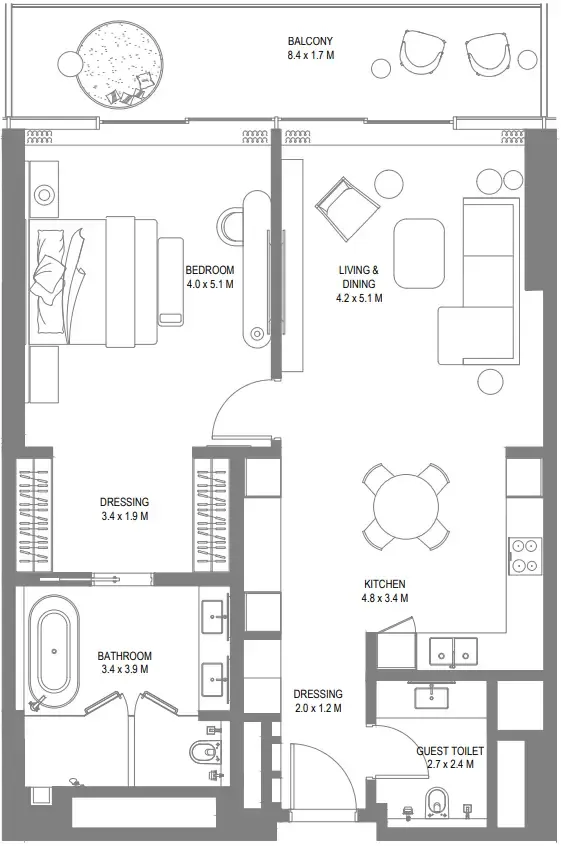 Anantara Sharjah Resort 1 bed floor plan, 1,190 sqft