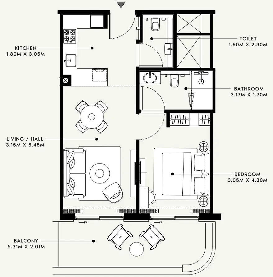 Azizi Venice 1 bed floor plan, 730 sqft