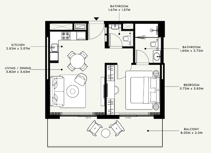 Azizi Venice 1 bed floor plan, 724 sqft