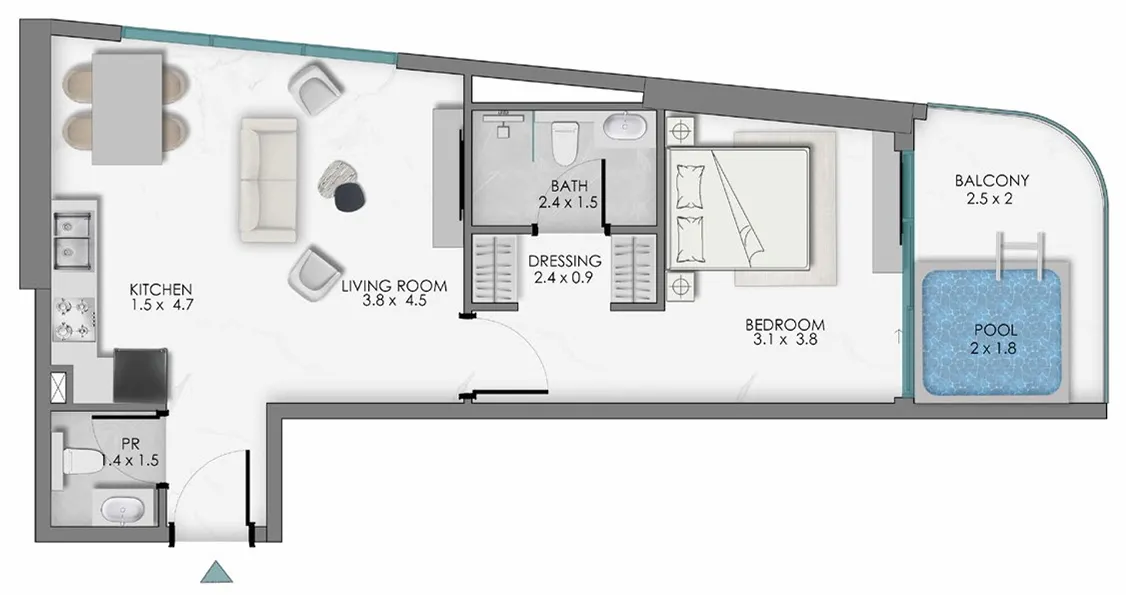 Samana Sky Views 1 bed floor plan, 685 sqft
