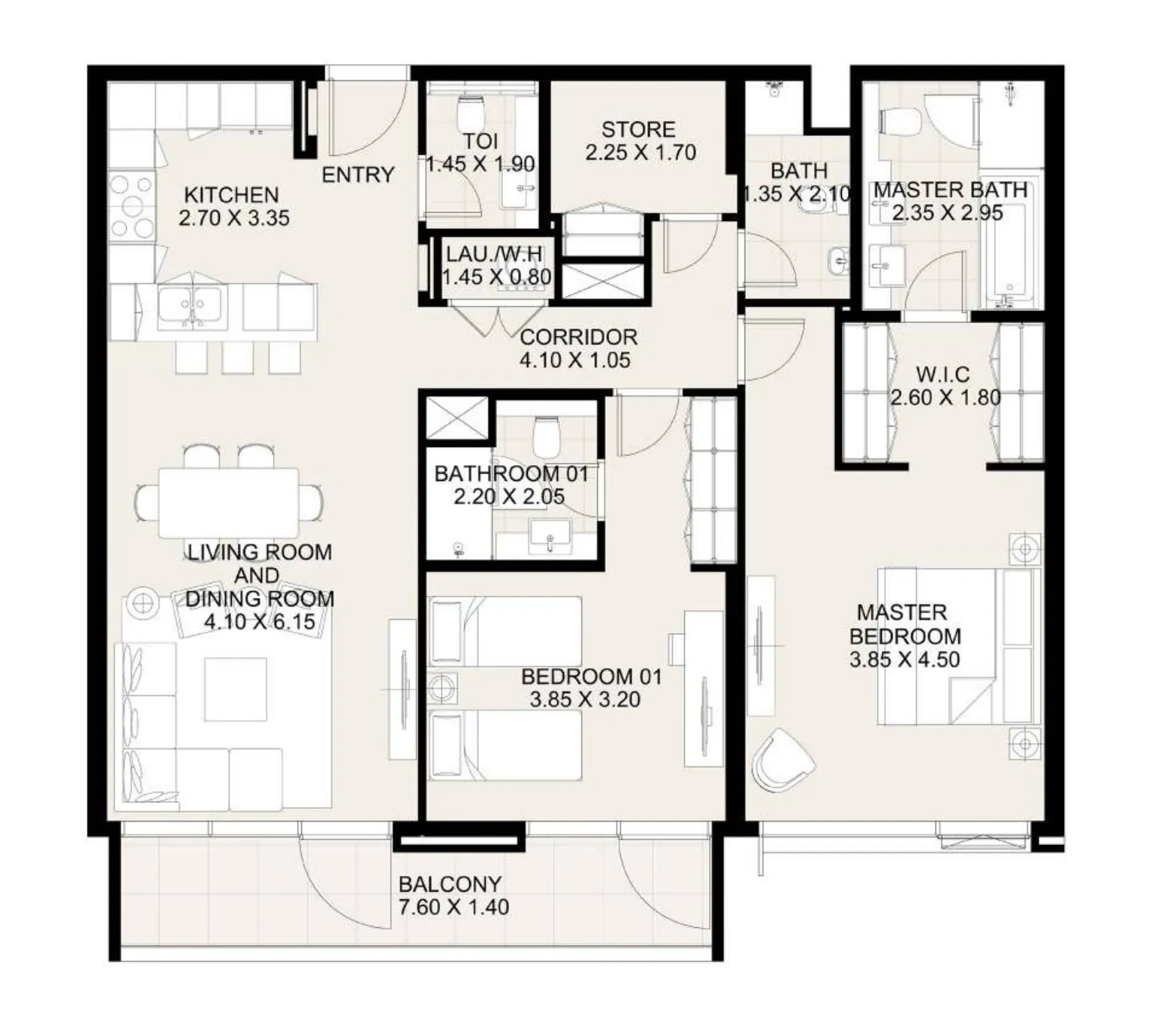 Canal Front Residences 3 and 4 2 bed floor plan, 1,395 sqft