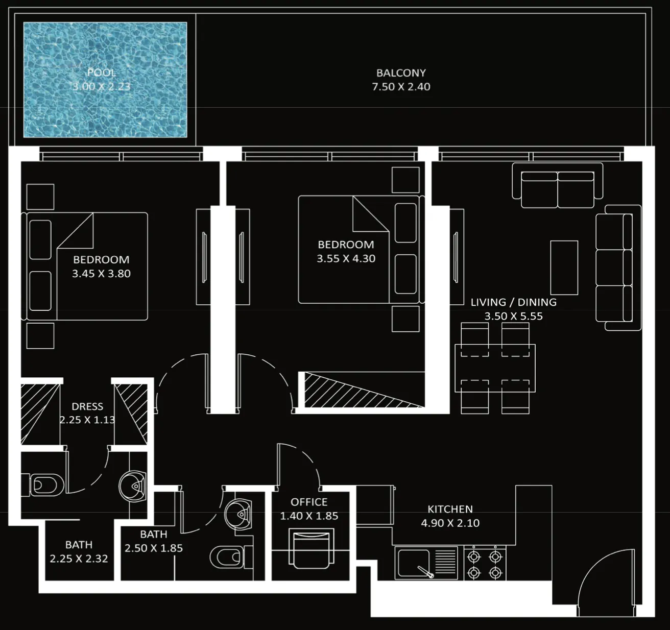 Diamondz 2 bed floor plan, 1,107 sqft