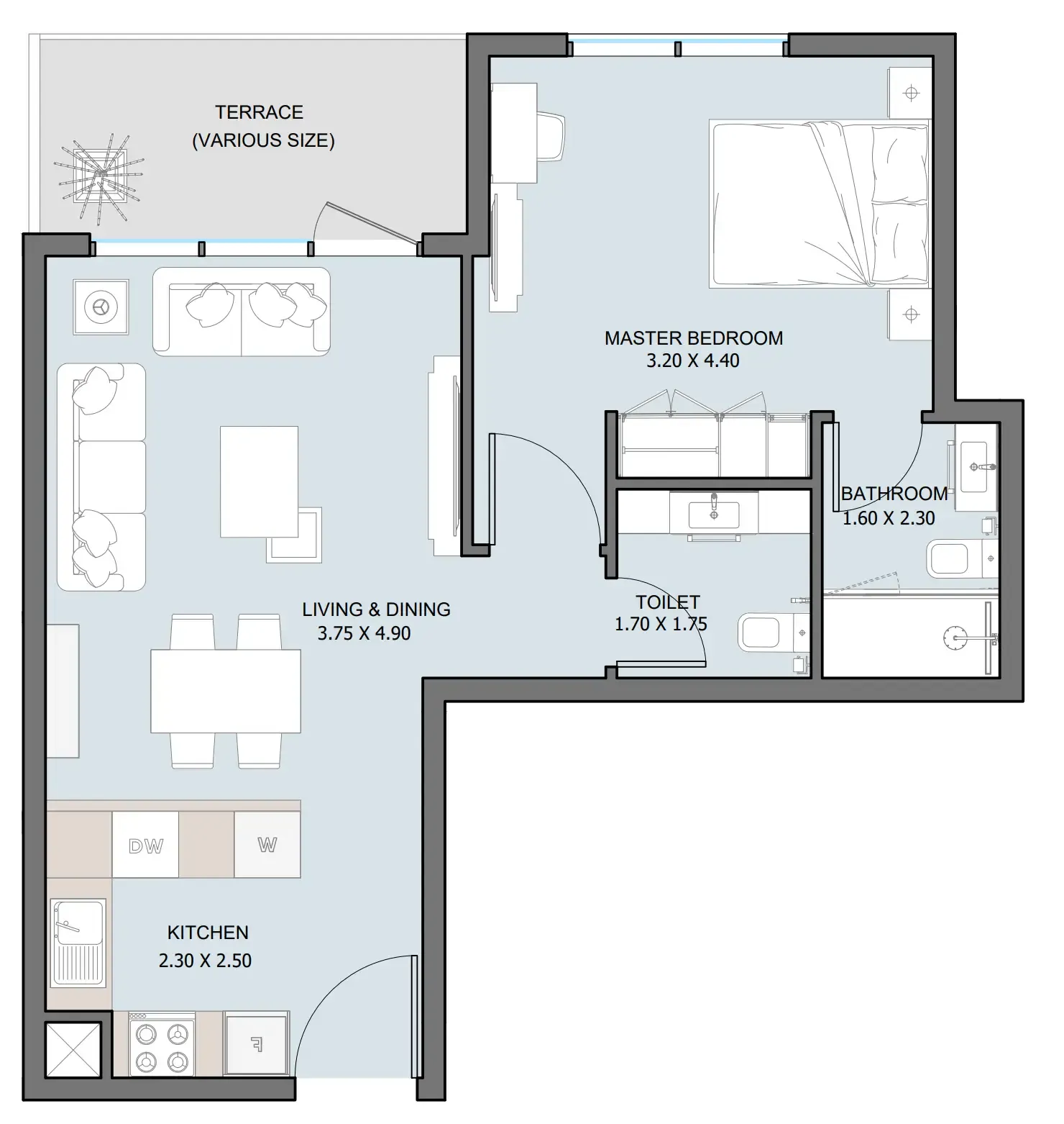 The District 1 bed floor plan, 683 sqft