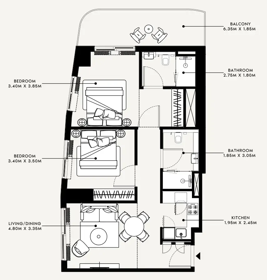 Azizi Milan 2 bed floor plan, 933 sqft