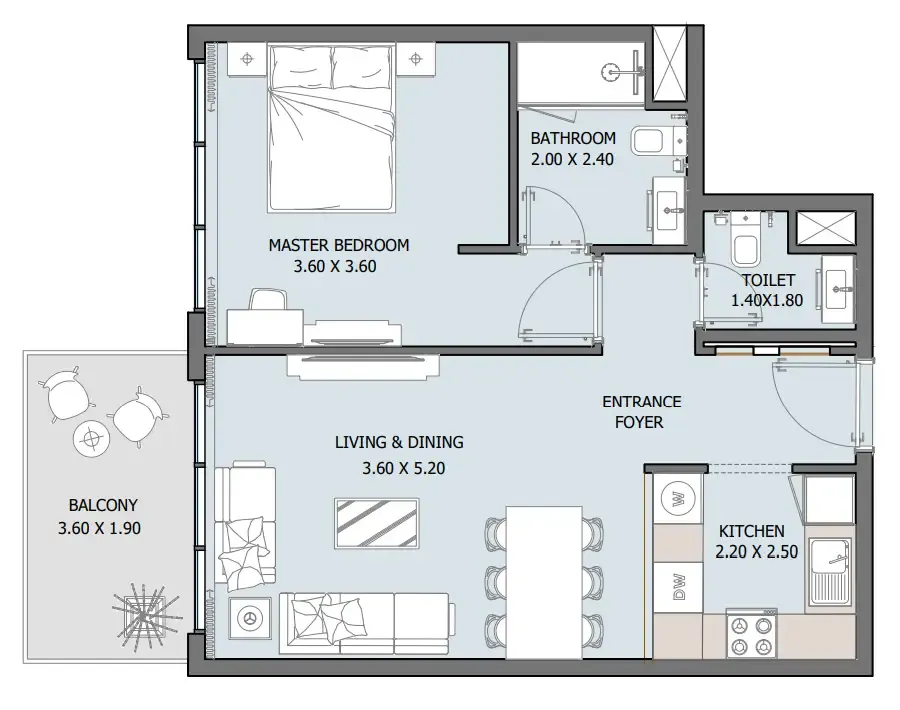 Oceana 1 bed floor plan, 681 sqft