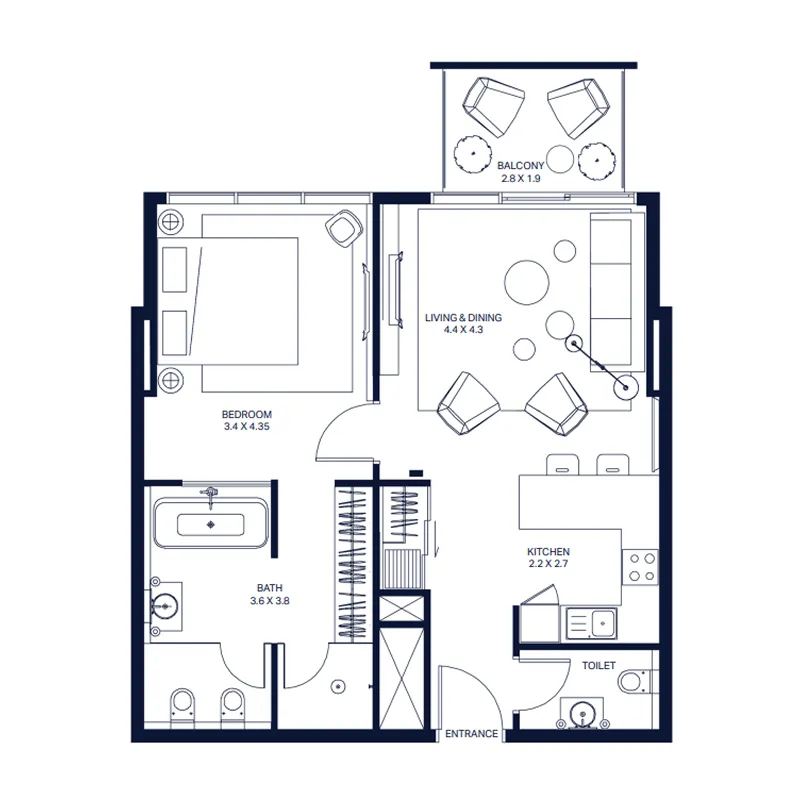 The Atria 1 bed floor plan, 801 sqft