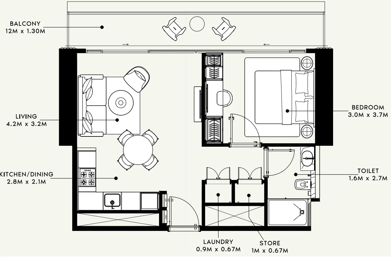 Azizi Milan 1 bed floor plan, 665 sqft