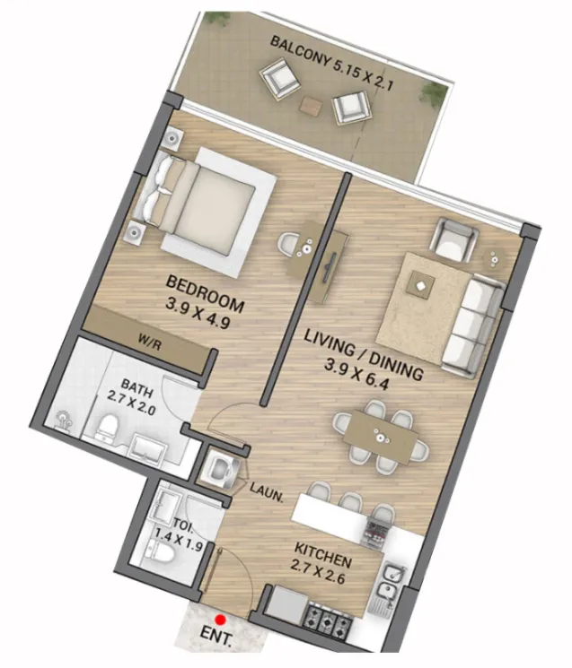 Ocean Tower 1 bed floor plan, 870 sqft