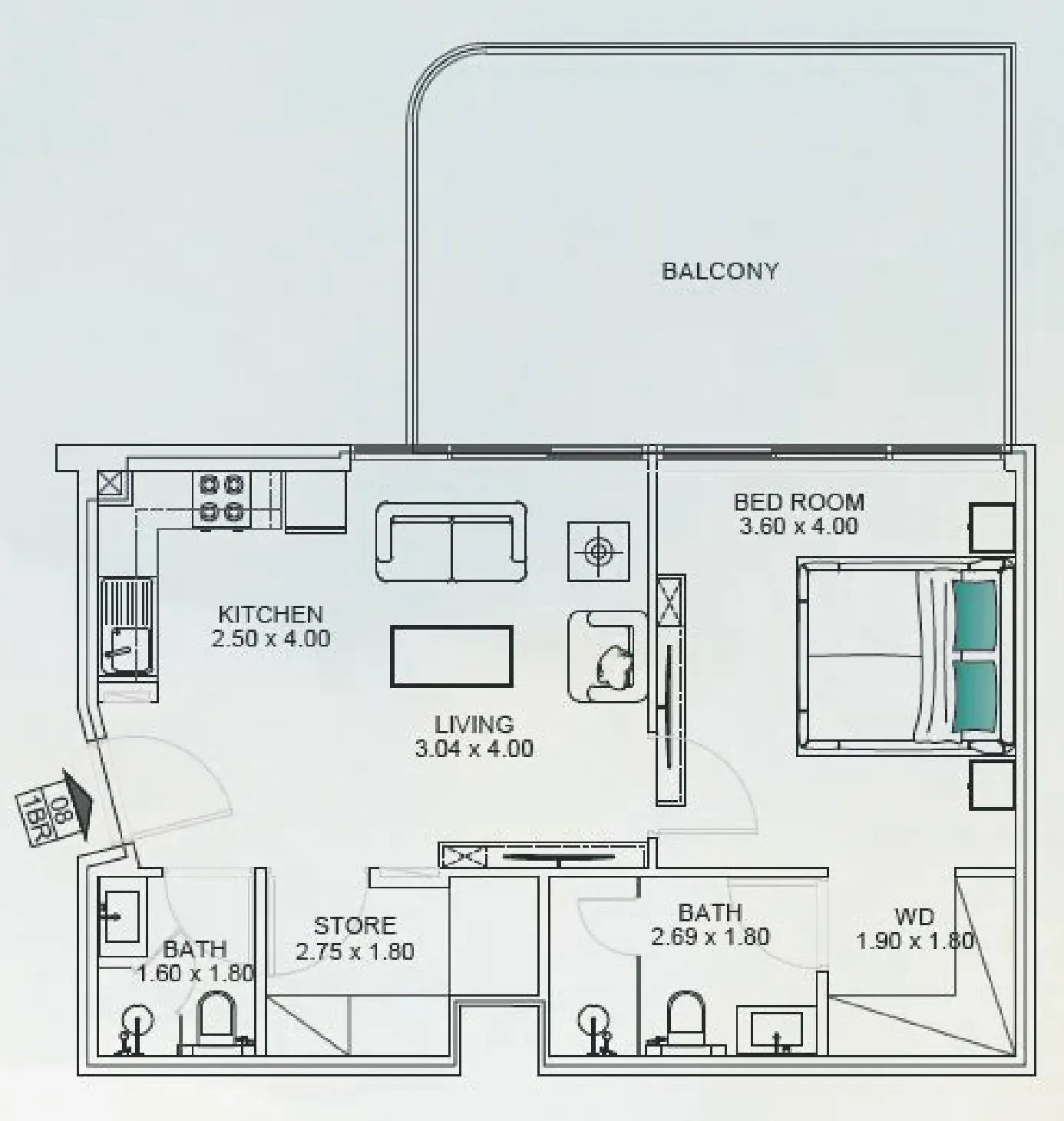 Floarea Breeze 1 bed floor plan, 878 sqft