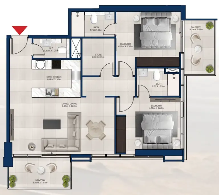 Al Vista 2 bed floor plan, 1,182 sqft
