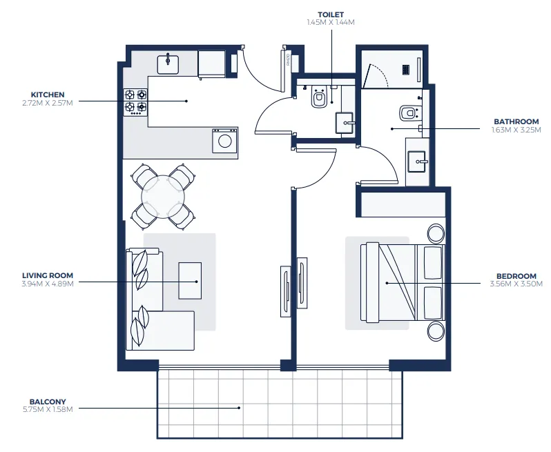 Creek Views 3 1 bed floor plan, 730 sqft