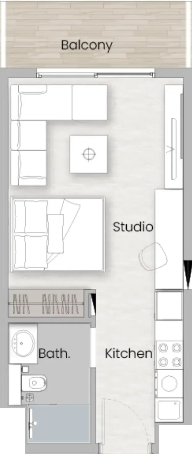 One Beverly Studio floor plan, 388 sqft