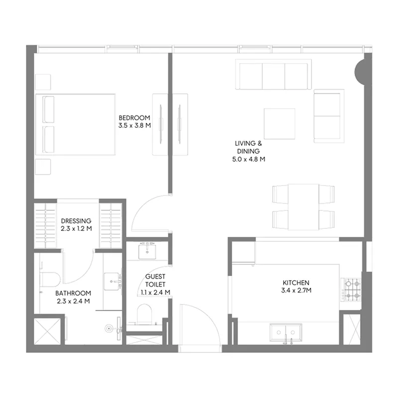 The Gate 5 1 bed floor plan, 713 – 722 sqft