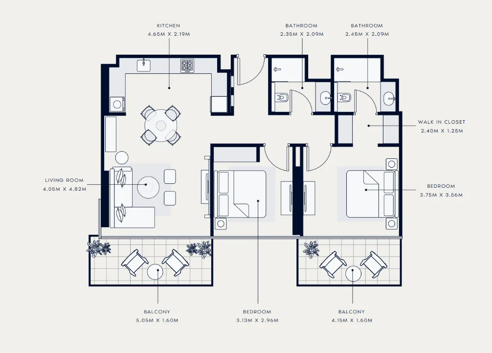 Azizi Venice 2 bed floor plan, 1,069 sqft