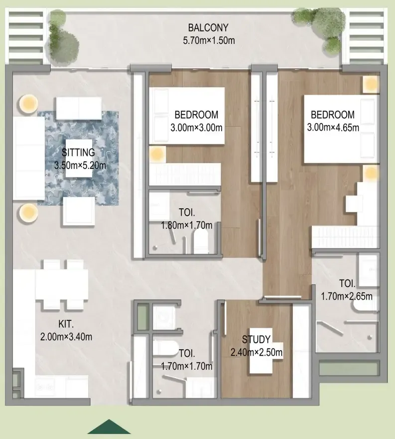 Oasis Residences 2 bed floor plan, 1,038 – 1,058 sqft