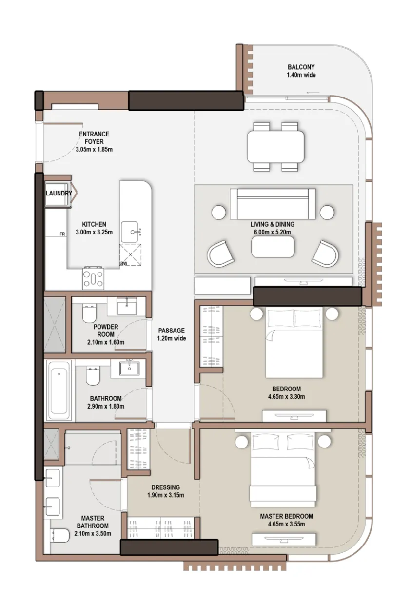 The Edit at d3 2 bed floor plan, 1,330 sqft