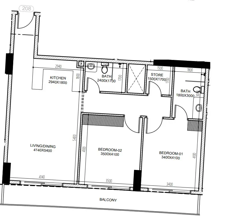 Astra South 2 bed floor plan, 1,081 sqft