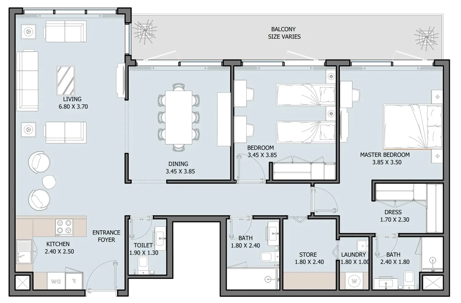 Selina Bay 2 bed floor plan, 1,233 sqft