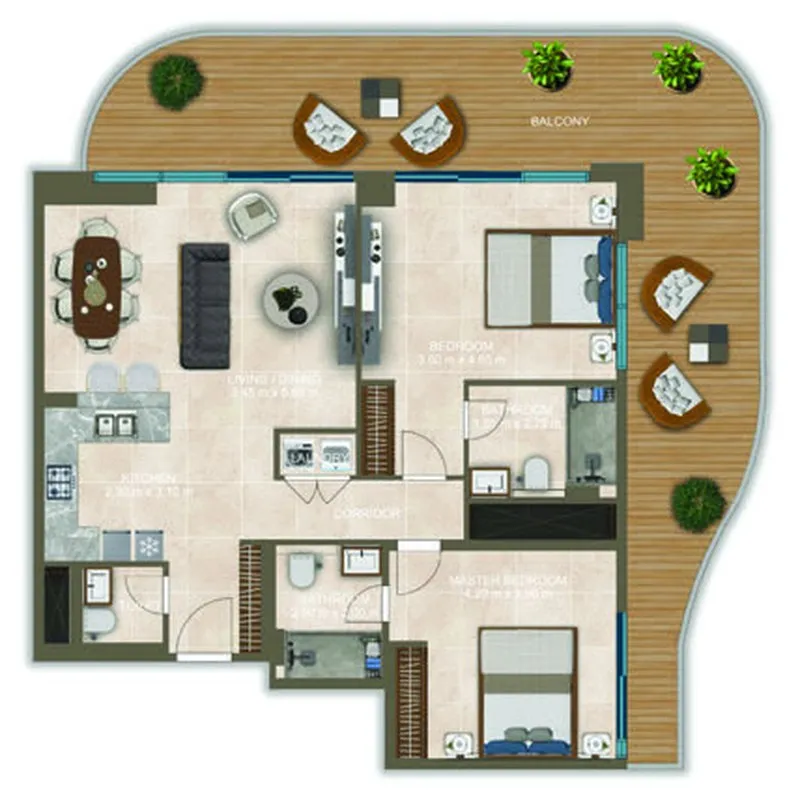 Nova Tower 2 bed floor plan, 1,556 sqft