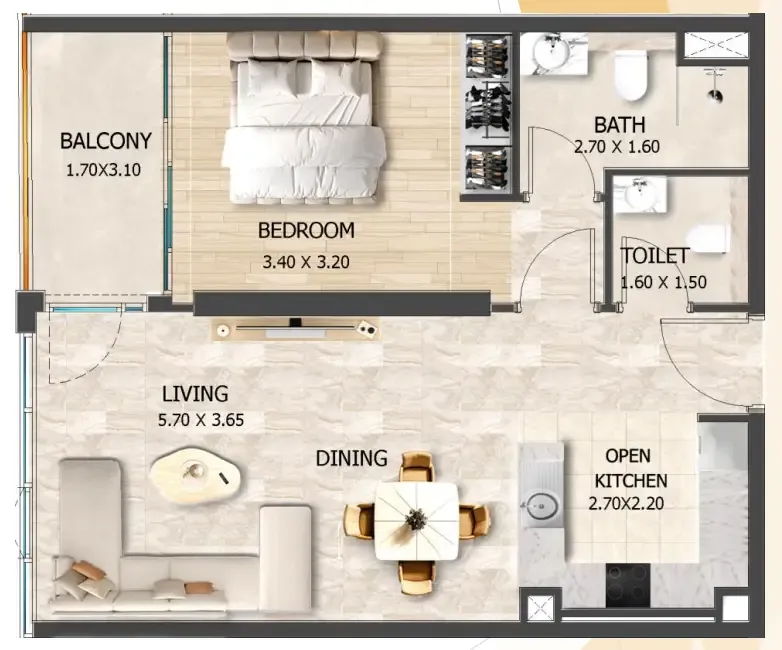 Crystal Tower by VHS 1 bed floor plan, 657 sqft